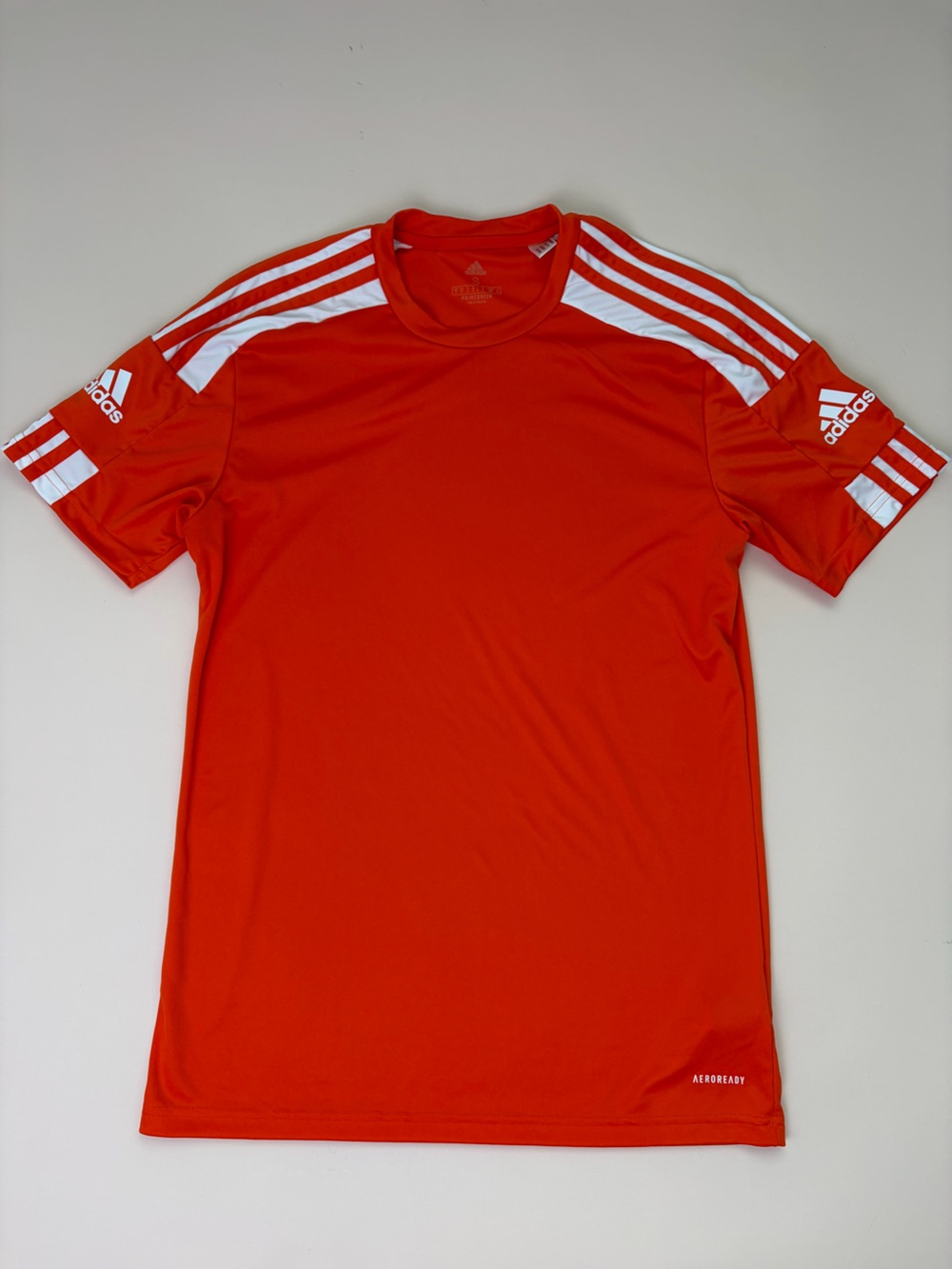 adidas Orange Short-Sleeve Athletic Tee with White Stripes